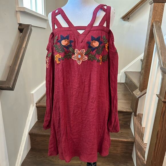THML Violetta Cold Shoulder Embroidered Long Sleeve Dress Burgundy Size Medium - Picture 2 of 12
